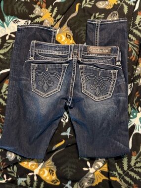 Rock Revival Adele Straight Jeans Dark Wash Fleur De Lis Thick Stitch Size 28